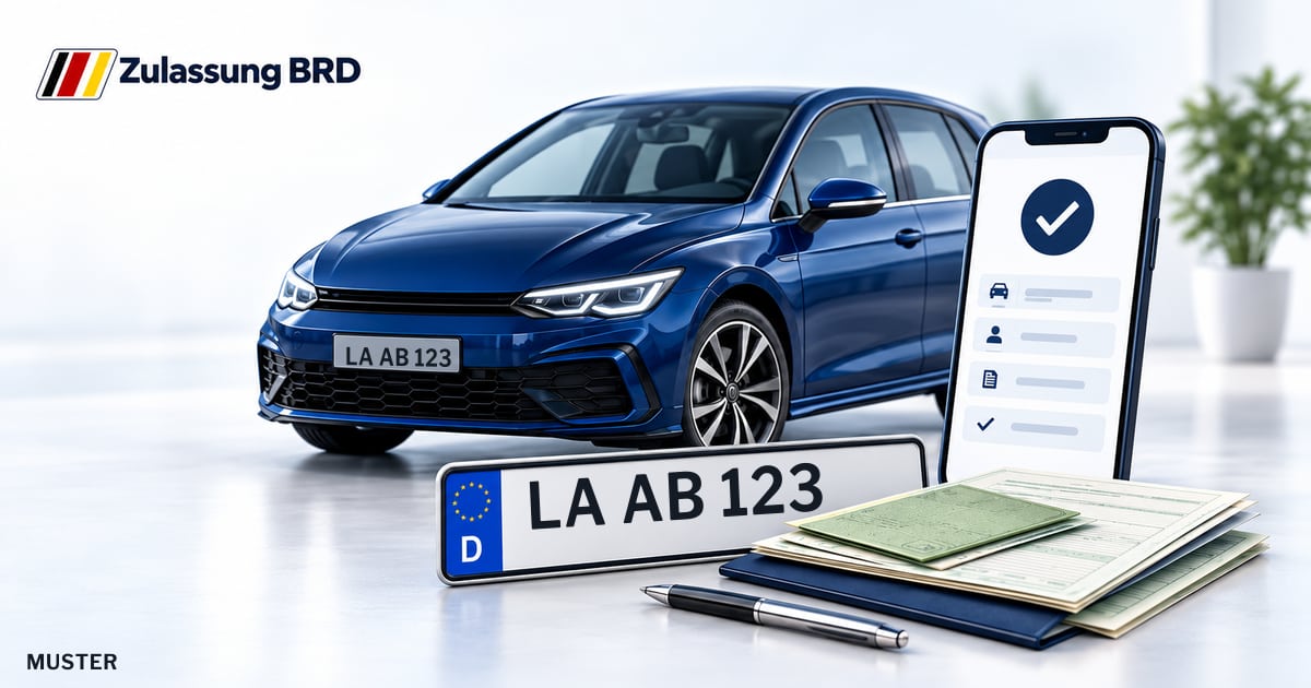 Online Fahrzeugzulassung in Rottenburg a.d.Laaber: Musterkennzeichen LA AB 123, Auto und Fahrzeugpapiere und Smartphone. Illustration mit Logo von Zulassung BRD.